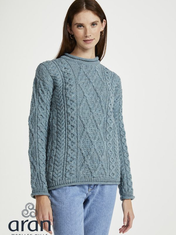 Aran-Rundhalspullover mit gerolltem Kragen (Unisex)