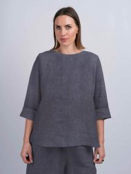 Pleat Back Irish Linen Top with Sleeve – Denim