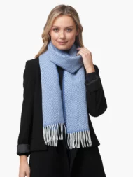 Herringbone Cashmere Lambswool Scarf – Denim and White