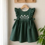 Handgesticktes Kleid für Kinder aus Leinen und Baumwolle - Amazonasgrün, an Bügel aufgehängt