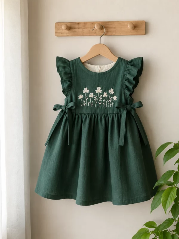 Handgesticktes Kleid für Kinder aus Leinen und Baumwolle - Amazonasgrün, an Bügel aufgehängt