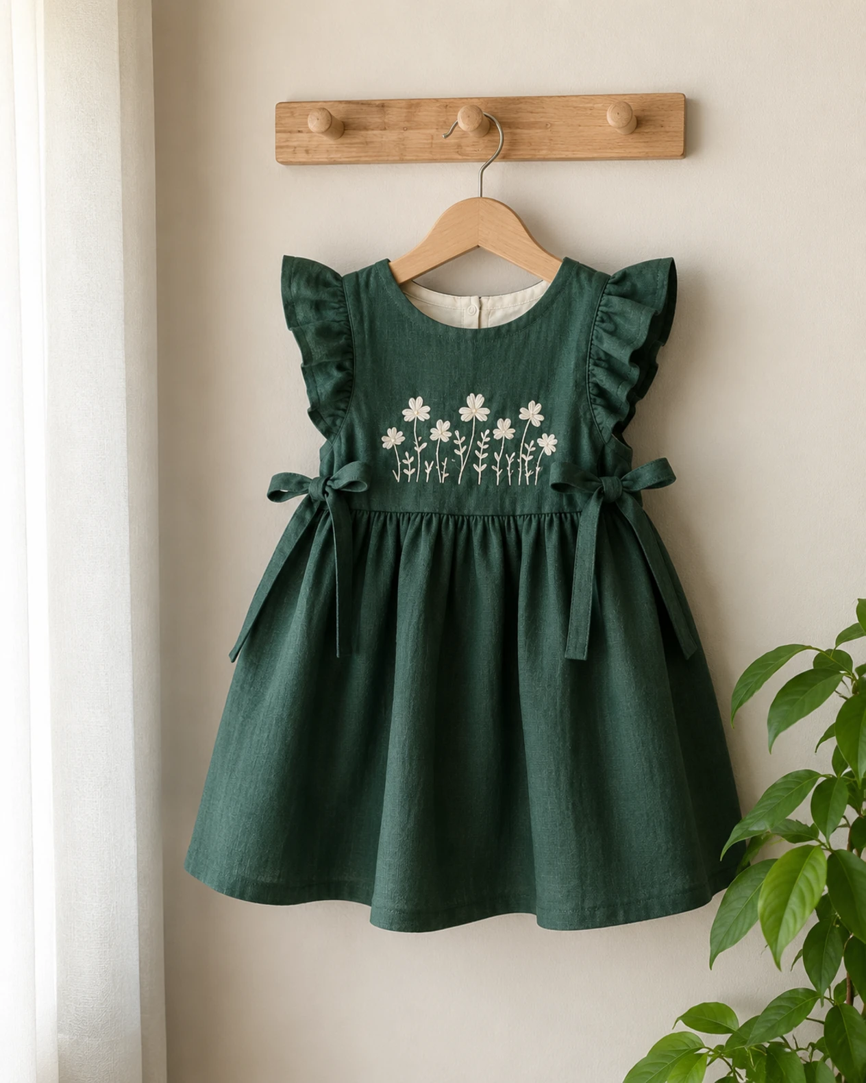 Handgesticktes Kleid für Kinder aus Leinen und Baumwolle - Amazonasgrün, an Bügel aufgehängt Handgesticktes Kleid für Kinder aus Leinen und Baumwolle - Amazonasgrün, an Bügel aufgehängt