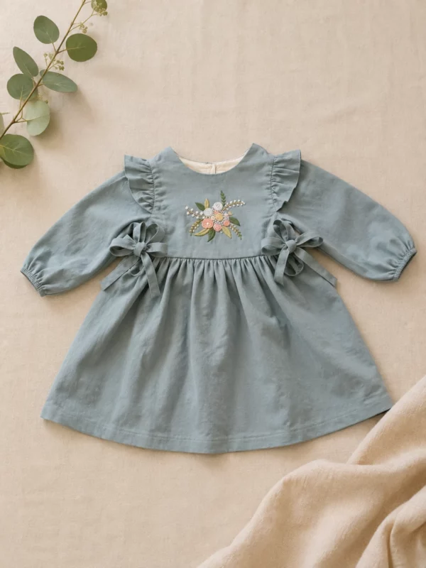 Handgesticktes Kleid für Kinder aus Leinen und Baumwolle - Aquablau