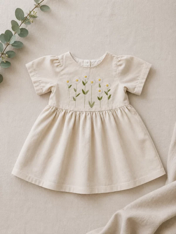Handgesticktes Kleid für Kinder aus Leinen und Baumwolle - Crème