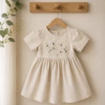 Handgesticktes Kleid für Kinder aus Leinen und Baumwolle - Crème, an Bügel aufgehängt