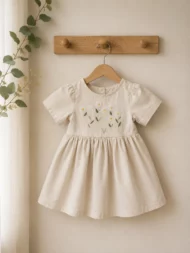 Handgesticktes Kleid für Kinder aus Leinen und Baumwolle - Crème, an Bügel aufgehängt