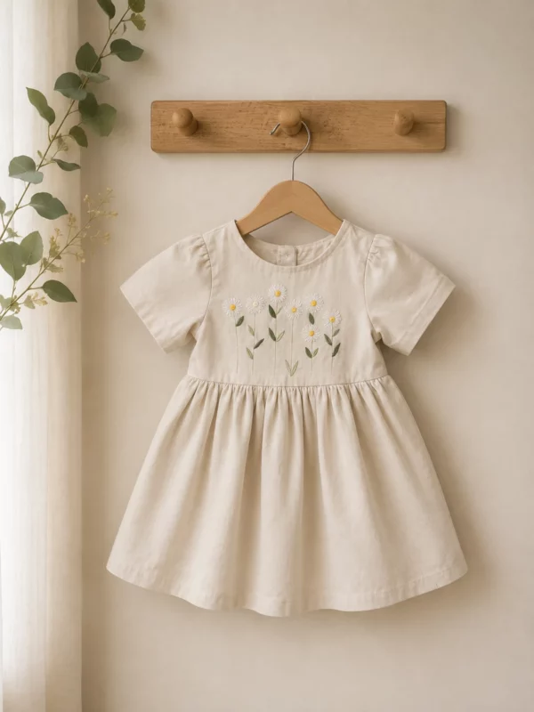 Handgesticktes Kleid für Kinder aus Leinen und Baumwolle - Crème, an Bügel aufgehängt