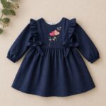 Handgesticktes Kleid für Kinder aus Leinen und Baumwolle - Dunkelblau, Vorderseite