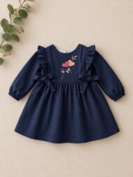 Handgesticktes Kleid für Kinder aus Leinen und Baumwolle - Dunkelblau, Vorderseite