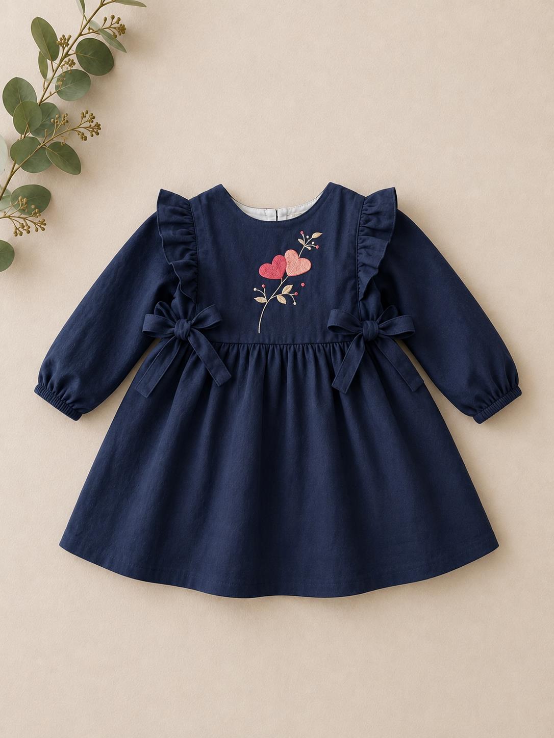 Handgesticktes Kleid für Kinder aus Leinen und Baumwolle - Dunkelblau, Vorderseite Handgesticktes Kleid für Kinder aus Leinen und Baumwolle - Dunkelblau, Vorderseite