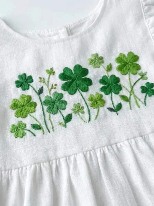 Handgesticktes Kleid für Kinder aus Leinen und Baumwolle - Weiss, Motiv