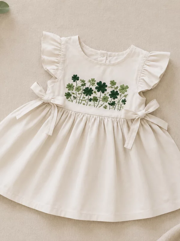 Handgesticktes Kleid für Kinder aus Leinen und Baumwolle - Weiss, Vorderseite