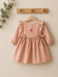 Handgesticktes Kleid für Kinder aus Leinen und Baumwolle - Zartrosa, an Bügel aufgehängt