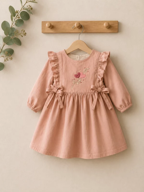 Handgesticktes Kleid für Kinder aus Leinen und Baumwolle - Zartrosa, an Bügel aufgehängt