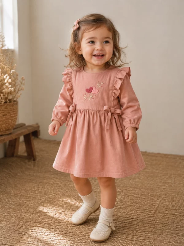 Kind in handgesticktem Kleid für Kinder aus Leinen und Baumwolle - Zartrosa