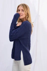 Aran-Pullover in Kastenform mit Seitenschlitzen - Persischblau